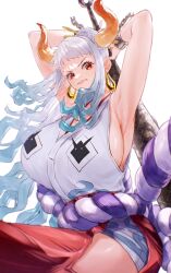 Rule 34 | 1girl, absurdres, armpits, arms up, blue hair, breasts, club (weapon), earrings, female focus, highres, hip vent, horns, huge breasts, japanese clothes, jewelry, long hair, looking at viewer, multicolored hair, one piece, red eyes, rope belt, sc scandium, sideboob, solo, two-tone hair, white hair, yamato (one piece)
