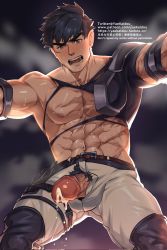 Rule 34 | 1boy, abs, alchemy stars, armor, bara, bare pectorals, black hair, blush, breath, cum, ejaculation, erection, facial scar, feet out of frame, from below, gluteal fold, highres, looking at viewer, male focus, male pubic hair, muscular, muscular male, nipples, open fly, paid reward available, pants, pauldrons, pectorals, penis, pittman (alchemy stars), protected link, pubic hair, scar, scar on cheek, scar on chest, scar on face, short hair, shoulder armor, single pauldron, solo, stomach, sweat, thick thighs, thighs, uncensored, white pants, yaekaidou