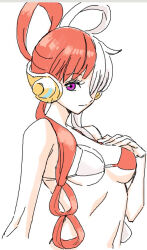 1girl bikini breasts cleavage hair_over_one_eye headphones long_hair looking_at_viewer one_piece one_piece_film:_red purple_eyes rasupekuto red_hair simple_background solo swimsuit uta_(one_piece) white_background white_hair