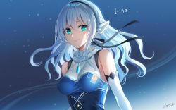 Rule 34 | 1girl, aqua eyes, black hairband, black ribbon, blue background, breasts, character name, closed mouth, detached sleeves, floating hair, hair between eyes, hairband, long hair, looking at viewer, medium breasts, milcho, original, ribbon, signature, silver hair, smile, solo, white sleeves