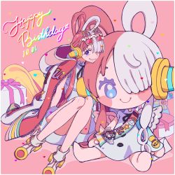 Rule 34 | 1girl, artist request, bare legs, bare shoulders, birthday, blush, box, chibi, dated, dress, full body, gift, gift box, grin, hair over one eye, hair rings, happy birthday, headphones, highres, idol, jacket, long hair, long sleeves, multicolored hair, multiple persona, one piece, one piece film: red, oversized clothes, pink background, red hair, simple background, sitting, smile, stuffed toy, sunglasses on head, two-tone hair, uta (one piece), very long hair, white dress, white hair, wide hips