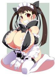 Rule 34 | 1girl, alternate breast size, apron, arm garter, bikini, black bikini, black bow, black bowtie, blush, bow, bowtie, breasts, brown hair, collar, frilled apron, frilled collar, frilled sleeves, frills, gesugesu ahoaho, gloves, hachikuji mayoi, hair bow, highres, huge breasts, looking at viewer, maid, maid apron, maid bikini, maid headdress, monogatari (series), navel, no shoes, oppai loli, red eyes, short bangs, sitting, smile, solo, swimsuit, teeth, thighhighs, twintails, unconventional maid, white apron, white gloves, white thighhighs