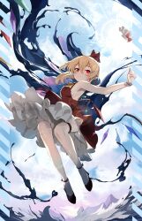 Rule 34 | 1girl, ascot, black footwear, blonde hair, blue sky, bow, closed mouth, commentary request, dress, flandre scarlet, full body, hat, hat bow, highres, looking at viewer, one side up, outdoors, red bow, red dress, red eyes, short hair, sky, sleeveless, sleeveless dress, solo, tetsurou (fe+), touhou, white hat, yellow ascot