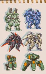 Rule 34 | chibi, clenched hands, commentary, horns, korean commentary, mecha, missile pod, multiple legs, no humans, original, robot, standing, superphotrone, visor, yellow eyes