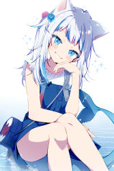 Rule 34 | 1girl, absurdres, animal ears, bag, blue eyes, blunt bangs, blush stickers, cat ears, dress, fins, fish tail, gawr gura, gawr gura (casual), grey hair, grin, hair ornament, highres, hololive, hololive english, ichijo rei, looking at viewer, shark tail, sharp teeth, short dress, short sleeves, shoulder bag, sitting, smile, solo, sparkle, tail, teeth, thighs, twintails, virtual youtuber, white background