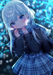 Rule 34 | 1girl, black capelet, black sweater, blue bow, blue eyes, blue nails, blue scarf, blue skirt, blurry, blurry background, blush, bow, breathing on hands, capelet, commentary, depth of field, dutch angle, fringe trim, grey hair, hair bow, hands up, highres, long hair, long sleeves, looking at viewer, mafuyu (chibi21), nail polish, original, parted lips, plaid, plaid scarf, pleated skirt, puffy long sleeves, puffy sleeves, scarf, skirt, sleeves past wrists, solo, sweater, symbol-only commentary, very long hair