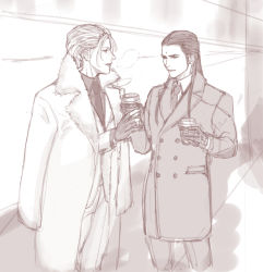 Rule 34 | 2boys, alternate costume, bindi, closed mouth, coat, coffee cup, collar, cup, disposable cup, earrings, final fantasy, final fantasy vii, final fantasy vii remake, fur trim, holding, holding cup, jewelry, long hair, looking at another, male focus, monochrome, multiple boys, necktie, outdoors, rufus shinra, short hair, square enix, standing, steam, tseng, turks (ff7), wing collar, winter clothes
