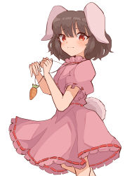Rule 34 | 1girl, :3, absurdres, animal ears, brown hair, carrot necklace, closed mouth, dress, floppy ears, frilled sleeves, frills, highres, inaba tewi, jewelry, looking at viewer, mugi (mugimugi 9kv), necklace, pink dress, puffy short sleeves, puffy sleeves, rabbit ears, rabbit girl, rabbit tail, red eyes, ribbon-trimmed dress, short hair, short sleeves, simple background, solo, tail, touhou, upper body, white background