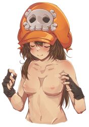Rule 34 | 1girl, black gloves, breasts, brown hair, closed eyes, closed mouth, fingerless gloves, gloves, guilty gear, hat ornament, highres, long hair, may (guilty gear), mil17459623, navel, nipples, orange headwear, skull and crossbones, skull hat ornament, small breasts, solo, white background