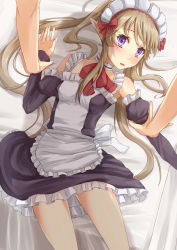 Rule 34 | 10s, 1girl, blush, brown hair, elf, frills, long hair, looking at viewer, maid, maid headdress, myucel foalan, okosan (pixiv), on bed, outbreak company, pointy ears, purple eyes, twintails