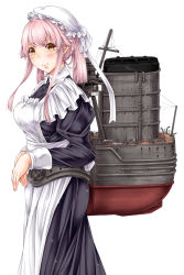 Rule 34 | 1girl, alternate costume, alternate hairstyle, apron, black dress, cowboy shot, dress, enmaided, frilled apron, frills, hat, highres, kantai collection, looking at viewer, machinery, maid, mob cap, orange eyes, simple background, smokestack, solo, standing, tsukineko, white apron, white background, yura (kancolle)