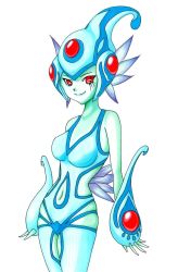 Rule 34 | 1girl, clothing cutout, digimon, frog, frog girl, helmet, navel cutout, one-piece swimsuit, ranamon, red eyes, simple background, solo, swimsuit, white background