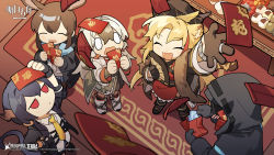 Rule 34 | 0 0, 1other, 4girls, ^ ^, ambiguous gender, amiya (arknights), animal ears, arknights, black footwear, black gloves, black jacket, black legwear, blonde hair, blue hair, blue skirt, blush, boots, brown hair, brown scarf, ch&#039;en (arknights), chibi, chinese new year, closed eyes, coat, collared shirt, company name, copyright name, copyright notice, doctor (arknights), dragon girl, dragon horns, dragon tail, dress, extra ears, feather boa, fingerless gloves, folding fan, from above, full body, gloves, hair intakes, hand fan, hand up, happy, highres, holding, holding fan, hongbao, hood, hood up, hooded coat, horns, jacket, jewelry, jitome, long hair, long sleeves, low twintails, lungmen dollar, mask, multicolored hair, multiple girls, necktie, object on head, official alternate costume, official art, open clothes, open coat, open jacket, pantyhose, plaid, plaid skirt, rabbit ears, rabbit girl, red dress, red eyes, red hair, ring, scarf, shirt, shoes, skirt, snowsant (arknights), standing, streaked hair, swire (arknights), swire (honor and splendor) (arknights), tail, tiger ears, tiger girl, tiger tail, twintails, watch, wavy eyes, wavy mouth, white coat, white hair, white shirt, wristwatch, yellow necktie