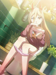 Rule 34 | 1girl, absurdres, bathroom, blonde hair, chainsaw man, chromatic aberration, cross-shaped pupils, demon girl, demon horns, dutch angle, edgar syu, elbow rest, eyes visible through hair, hand on own face, head rest, highres, horns, long hair, no toilet paper, off-shoulder sweater, off shoulder, orange eyes, panties, panty pull, pink panties, pink sweater, plant, pochita (chainsaw man), potted plant, power (chainsaw man), red horns, serious, shelf, sitting, solo, sweatdrop, sweater, symbol-shaped pupils, tile wall, tiles, toilet, toilet paper tube, toilet use, underwear