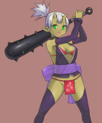 Rule 34 | 1girl, breasts, cleavage, club (weapon), colored skin, detached sleeves, green eyes, hashi, horns, japanese clothes, kanabou, loincloth, monster girl, obi, oni, open mouth, pointy ears, sash, spread legs, thighhighs, weapon, white hair, yellow skin