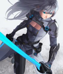 Rule 34 | 1girl, armor, asagi (banzoku210), belt, blue eyes, breast tattoo, breasts, cleavage, cleavage cutout, closed mouth, clothing cutout, dual wielding, ethel (xenoblade), grey background, highres, holding, holding sword, holding weapon, large breasts, long hair, shoulder armor, simple background, smile, solo, sword, tattoo, twitter username, very long hair, weapon, xenoblade chronicles (series), xenoblade chronicles 3