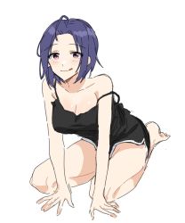Rule 34 | 1girl, :q, ahoge, black shorts, black tank top, blue hair, blush, breasts, cleavage, collarbone, danji bang, dark blue hair, dolphin shorts, forehead, highres, idolmaster, idolmaster (classic), idolmaster million live!, large breasts, looking at viewer, miura azusa, parted bangs, red eyes, seiza, short hair, shorts, simple background, sitting, smile, solo, strap slip, tank top, tongue, tongue out, white background
