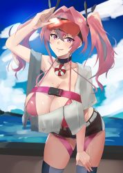 Rule 34 | 1girl, absurdres, azur lane, bare shoulders, belt, bikini, black shorts, blue sky, blush, breasts, bremerton (azur lane), choker, cleavage, collarbone, crop top, crop top overhang, goggles, goggles on head, grey thighhighs, hair intakes, hair ornament, highres, kasumi saika, large breasts, licking lips, long hair, looking at viewer, mole, mole on breast, multicolored hair, pink bikini, pink eyes, pink hair, revision, shirt, short shorts, shorts, sidelocks, sky, smile, solo, streaked hair, swimsuit, thighhighs, thighs, tongue, tongue out, twintails, white shirt