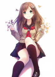 Rule 34 | 1girl, black socks, breasts, brown hair, bug, butterfly, caidychen, caidychen&#039;s green-eyed girl, collarbone, flower, green eyes, hair flower, hair ornament, twirling hair, highres, insect, kneehighs, loafers, long hair, long sleeves, medium breasts, neckerchief, original, panties, pantyshot, parted lips, pleated skirt, red neckerchief, school uniform, serafuku, shadow, shoes, simple background, sitting, skirt, smile, socks, solo, sweater, swept bangs, underwear, upskirt, white background