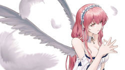 Rule 34 | 1girl, absurdres, amamizu shizuku, angel wings, azur lane, breasts, cleavage, dress, feathered wings, feathers, hairband, hand on hand, highres, key, long hair, looking at viewer, medium breasts, open mouth, perseus (azur lane), pink eyes, pink hair, solo, white background, white dress, wings