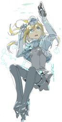 Rule 34 | 10s, 1girl, aqua eyes, arms up, artist request, bad id, bad twitter id, blonde hair, blue eyes, breasts, cropped jacket, floating, full body, garrison cap, hair between eyes, hat, highres, kantai collection, long hair, long sleeves, looking up, military, military uniform, open mouth, puffy long sleeves, puffy sleeves, round teeth, simple background, solo, swimsuit, swimsuit under clothes, teeth, thighhighs, u-511 (kancolle), uniform, white background
