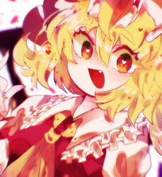 Rule 34 | 1girl, ascot, blonde hair, close-up, collared shirt, fang, flandre scarlet, frilled shirt collar, frills, hat, heart, heart-shaped pupils, highres, looking at viewer, medium hair, mob cap, open mouth, red eyes, red vest, shirt, solo, symbol-shaped pupils, teironan, touhou, upper body, vest, white hat, white shirt, wings, yellow ascot