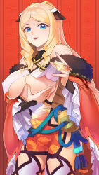 Rule 34 | 1girl, adapted costume, azur lane, bare shoulders, blonde hair, blue eyes, breast curtain lift, breast curtains, breasts, chaser (azur lane), chaser (the way of the dragon empery) (azur lane), china dress, chinese clothes, cleavage, clothes lift, covered erect nipples, dress, highres, large breasts, lifted by self, long hair, looking at viewer, nipples, open mouth, side slit, sideboob, solo, standing, supurai, thighhighs, underboob, wavy hair, white thighhighs