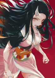 Rule 34 | 1girl, angry, black hair, breasts, checkered sash, cleavage, commentary request, floating hair, horns, japanese clothes, kamado nezuko, kimetsu no yaiba, long hair, medium breasts, obi, open mouth, red background, red eyes, sash, sharp teeth, simple background, single horn, smile, solo, spoilers, standing, teeth, wanke