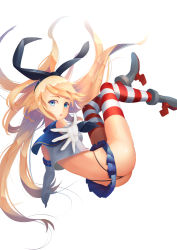 Rule 34 | 10s, 1girl, ass, black panties, blonde hair, blue eyes, butt crack, crop top, crop top overhang, elbow gloves, gloves, hairband, highleg, highleg panties, kantai collection, long hair, looking at viewer, midriff, panties, sailor collar, shimakaze (kancolle), skirt, solo, striped clothes, striped thighhighs, thighhighs, underwear, whale tail (clothing), white gloves, yi l chen 5