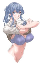 Rule 34 | 1girl, alternate costume, blue bra, blue hair, bra, casual, from side, gotland (kancolle), hair bun, highres, kantai collection, long hair, looking at viewer, simple background, single hair bun, smile, solo, sozan, striped bra, striped clothes, underwear, upper body, vertical-striped bra, vertical-striped clothes, white background