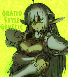 Rule 34 | 1girl, arm under breasts, arutopian, braid, breasts, cleavage, closed mouth, commentary request, english text, french braid, genetic (ragnarok online), green eyes, hair between eyes, living clothes, long hair, looking at viewer, medium breasts, pointy ears, ragnarok online, shaded face, smile, solo, teeth, upper body, white hair