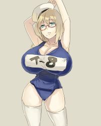 Rule 34 | 10s, 1girl, arms up, blonde hair, blue eyes, breasts, curvy, female focus, glasses, hat, highres, huge breasts, i-8 (kancolle), kantai collection, muneneko, simple background, solo, standing, swimsuit, thighs, wide hips