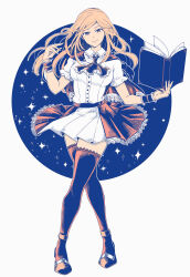 Rule 34 | 1girl, ascot, book, brown hair, capelet, castlevania (series), castlevania: portrait of ruin, charlotte aulin, hand up, highres, holding, holding book, long hair, looking at viewer, oimo (motu club), pleated skirt, shirt, skirt, smile, sparkle, thighhighs, white background, white shirt