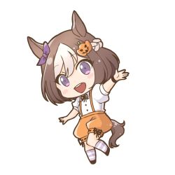 Rule 34 | 1girl, :d, animal ears, bow, brown hair, chibi, enonko, hair bow, hair ornament, halloween costume, horse ears, horse girl, horse tail, looking at viewer, multicolored hair, open mouth, orange shorts, overall shorts, overalls, purple eyes, shirt, short hair, short sleeves, shorts, simple background, smile, solo, special week (umamusume), streaked hair, striped clothes, striped legwear, striped thighhighs, tail, thighhighs, umamusume, white background, white shirt