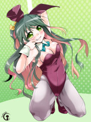 Rule 34 | 10s, 1girl, adapted costume, animal ears, artist name, blush, bow, bowtie, breasts, cleavage, detached collar, fake animal ears, green hair, grey pantyhose, grin, highres, kantai collection, leotard, long hair, looking at viewer, multicolored hair, naganami (kancolle), pantyhose, pink hair, playboy bunny, pole, rabbit ears, smile, solo, squatting, straddling, tsukineko, wrist cuffs
