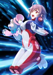 Rule 34 | 1girl, ahoge, armor, bodysuit, brown hair, covered navel, feet up, full body, gloves, hands up, high heels, highres, jumping, knee pads, light rays, looking at viewer, luna (time gal re:birth), midair, multicolored bodysuit, multicolored clothes, official art, open mouth, orange eyes, short hair, shoulder armor, skin tight, stuffed animal, stuffed toy, teddy bear, teeth, time gal, time gal re:birth, tongue, upper teeth only
