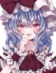Rule 34 | 1girl, ascot, bat wings, blue hair, blush, blush visible through hair, bow, brooch, collared shirt, fang, frilled ascot, frilled shirt collar, frilled wrist cuffs, frills, hair between eyes, hand on own chin, hand up, hat, hat ribbon, jaku sono, jewelry, looking at viewer, mob cap, open mouth, pointy ears, puffy short sleeves, puffy sleeves, red ascot, red bow, red eyes, red ribbon, remilia scarlet, ribbon, shirt, short sleeves, simple background, skin fang, smile, solo, tongue, touhou, upper body, wavy hair, white background, white hat, white shirt, wings, wrist cuffs