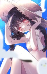 Rule 34 | 1girl, @ @, ahoge, bare shoulders, bikini, bird, black hair, blue archive, blue sky, blurry, blurry foreground, blush, braid, breasts, crying, crying with eyes open, day, hat, highres, knees up, long hair, looking at viewer, miyu (blue archive), miyu (swimsuit) (blue archive), original, outdoors, parted lips, poteo, red eyes, sitting, sky, small breasts, solo, straw hat, sunlight, swimsuit, tears, twin braids, twintails