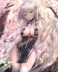 Rule 34 | 1girl, absent, azur lane, between breasts, blush, braid, breast curtains, breasts, cherry blossoms, china dress, chinese clothes, cleavage, dress, flower, garter straps, gloves, grey dress, hair flower, hair ornament, half gloves, highres, large breasts, looking at viewer, neckwear between breasts, open mouth, parted lips, pelvic curtain, petals, red eyes, revealing clothes, see-through, see-through sleeves, short hair, side braid, side slit, silver hair, sirius (azur lane), sirius (azure horizons) (azur lane), solo, thighhighs, thighs, tree, white gloves, white thighhighs