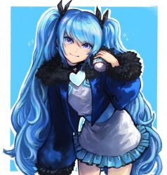 Rule 34 | 1girl, annie bass, black bow, blue background, blue eyes, blue hair, blue jacket, blue sash, bow, brooch, closed mouth, commentary request, cowboy shot, dress, flat chest, frilled dress, frills, fur-trimmed jacket, fur-trimmed sleeves, fur trim, grey dress, hair between eyes, hair bow, heart, heart brooch, highres, jacket, jewelry, leaning forward, long hair, looking at viewer, mogukk, outline, sash, smile, solo, sparkle, twintails, very long hair, white background, white outline, witch&#039;s weapon