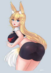 Rule 34 | 1girl, :d, animal ears, ass, back, belt, bent over, bike shorts, blonde hair, blue eyes, breasts, ehrrr, fang, fox ears, from behind, grey background, highres, large breasts, leaning forward, long hair, looking at viewer, looking back, midriff, open mouth, original, shorts, smile, solo, twitter username, v, very long hair, white legwear