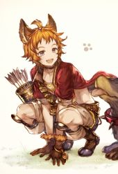 Rule 34 | 10s, 1boy, animal ears, brown gloves, cat boy, cat ears, dog, erune, fangs, flesselles (granblue fantasy), fur trim, gloves, granblue fantasy, grass, looking at another, male focus, midriff, official style, orange hair, paw print, shigaraki (strobe blue), simple background, smile, solo, squatting