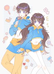 Rule 34 | 1boy, 1girl, aheihei, artist name, blue hoodie, blush, breasts, brown hair, candy, chinese commentary, clothing cutout, diamond (shape), doughnut, dual persona, food, genderswap, genderswap (mtf), grid background, gummy candy, heart, highres, hood, hoodie, inoue shouma, jelly bean, kamen rider, kamen rider gavv (series), lollipop, long hair, navel, notice lines, open mouth, pants, purple eyes, short hair, shorts, shouma (kamen rider gavv), signature, star (symbol), stomach cutout, two-tone hoodie, underboob, yellow pants, yellow shorts