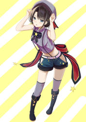 Rule 34 | 1girl, arms up, bare arms, bare shoulders, beret, black bow, black footwear, black hair, blue eyes, blue shorts, blush, boots, bow, braid, breasts, commentary request, crop top, diagonal stripes, full body, grey hat, grey shirt, grey thighhighs, hair between eyes, hat, hip vent, hololive, knee boots, midriff, natsuki (natukituki), navel, oozora subaru, oozora subaru (work), parted lips, shirt, short shorts, shorts, sleeveless, sleeveless shirt, small breasts, solo, standing, star (symbol), striped background, striped clothes, striped shirt, thighhighs, thighhighs under boots, vertical-striped clothes, vertical-striped shirt, virtual youtuber