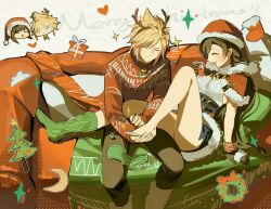 Rule 34 | 1boy, 1girl, antlers, arm support, backless outfit, black hair, blonde hair, blue eyes, box, breasts, capelet, chibi, chibi inset, christmas, christmas present, christmas sweater, christmas tree, closed eyes, cloud strife, commentary, couch, couple, crescent moon, cup, dress, drinking glass, duoj ji, fake antlers, final fantasy, final fantasy vii, final fantasy vii ever crisis, final fantasy vii remake, full body, fur-trimmed capelet, fur-trimmed headwear, fur-trimmed skirt, fur trim, gift, gift box, green nails, green socks, hat, heart, highres, holding, holding another&#039;s foot, holding cup, horns, knee up, long hair, medium breasts, merry christmas, miniskirt, moon, nail polish, official alternate costume, applying pedicure, red capelet, red sweater, reindeer antlers, santa dress, santa hat, single bare leg, single barefoot, single sock, single sock removed, sitting, skirt, smile, socks, sparkle, spiked hair, square enix, sweater, tifa lockhart, tifa lockhart (fairy of the holy flame), turtleneck, turtleneck sweater, white sweater