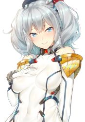 Rule 34 | 10s, 1girl, adapted costume, arm behind back, bare shoulders, beret, black hat, blue eyes, breasts, closed mouth, covered erect nipples, detached sleeves, epaulettes, frilled sleeves, frills, gloves, hand on own chest, hat, headgear, kantai collection, kashima (kancolle), long sleeves, looking at viewer, medium breasts, neon trim, short twintails, silver hair, simple background, skin tight, smile, solo, twintails, upper body, uyu (keyakinoki), wavy hair, white background, white gloves