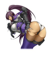 Rule 34 | 1girl, amanomiya ayame, ass, ass grab, bent over, bodysuit, cropped legs, dark-skinned female, dark skin, gloves, grabbing own ass, hand on own hip, high ponytail, long hair, looking at viewer, official art, parted lips, purple hair, solo, super robot wars, super robot wars x-omega, tan, transparent background, watanabe wataru (character designer)