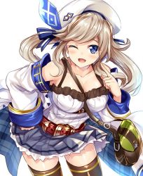 Rule 34 | 10s, 1girl, bag, bare shoulders, beret, blue eyes, breasts, brown hair, cleavage, cucouroux (granblue fantasy), detached sleeves, granblue fantasy, hat, hinata sora, large breasts, long hair, looking at viewer, open mouth, skirt, smile, solo, thighhighs