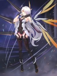 Rule 34 | 1girl, :d, asymmetrical gloves, bare shoulders, black footwear, black gloves, boots, breasts, cleavage, full body, gloves, hair ornament, hair over one eye, honkai (series), honkai impact 3rd, kiana kaslana, kiana kaslana (herrscher of the void), long hair, looking at viewer, mismatched gloves, open mouth, smile, smoke, solo, thigh boots, thighhighs, water, white gloves, white hair, wings, yelan xing xuan, yellow eyes