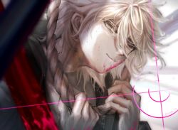 Rule 34 | 1boy, blood, blood on face, blurry, blurry foreground, commentary, danganronpa (series), danganronpa 2: goodbye despair, green eyes, grey background, grey hair, hands up, imminent suicide, komaeda nagito, long sleeves, looking at viewer, male focus, medium hair, pink blood, rope, sembe (sembe 134), shirt, simple background, smile, solo, suicide, symbol-only commentary, twitter username